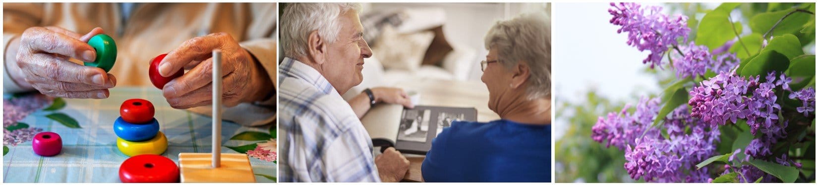 Residents engaging in an activity and colorful flowers