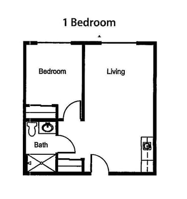 Architectural floor plan of a one-bedroom unit
