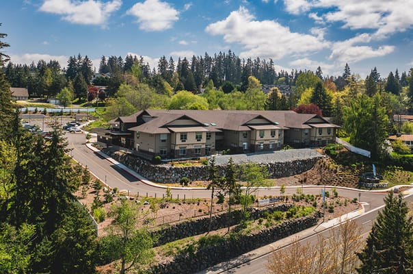 Aerial view of Fieldstone Memory Care facility with landscaped grounds