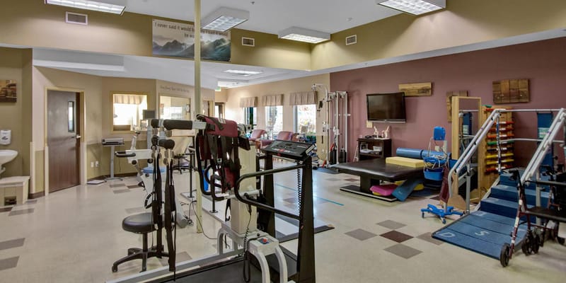 Therapy room with exercise equipment and therapy areas