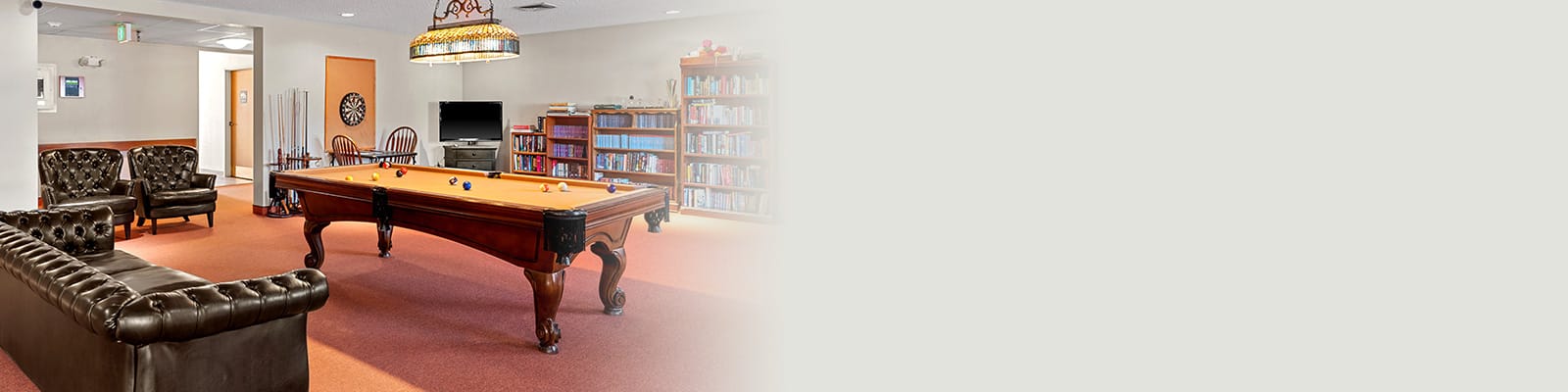 Activity room with a billiards table and bookshelf