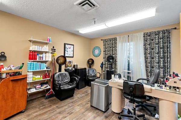 Interior of a beauty salon with styling stations