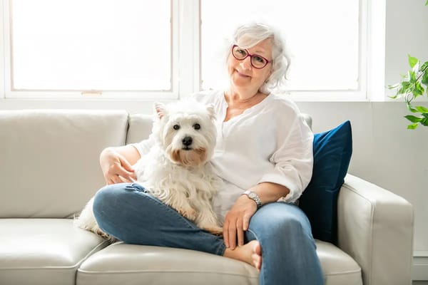 Senior woman relaxing with a small dog on a couch