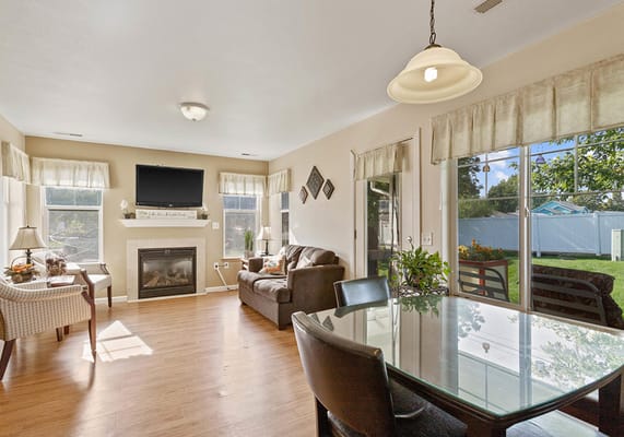 Bright common area with windows and seating