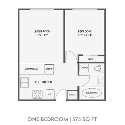 Architectural floor plan of a one-bedroom unit