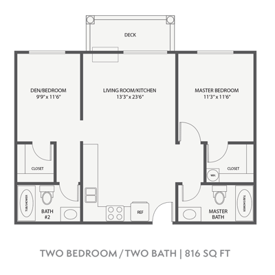Architectural floor plan of a two-bedroom unit