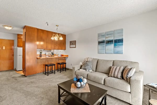 Bright interior living space with kitchen area