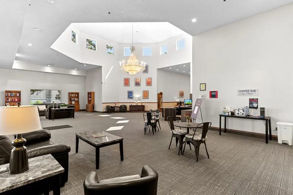 Spacious lobby area with seating and decor