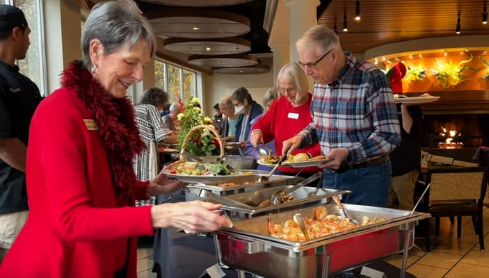 Residents enjoying a meal at a dining area.