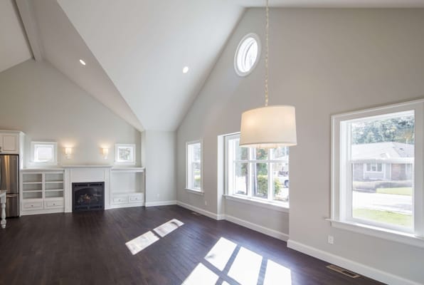 Bright and spacious interior with high ceilings and large windows