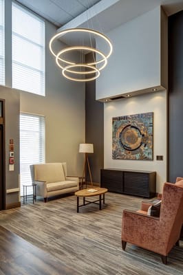 Cozy common area with modern decor and lighting