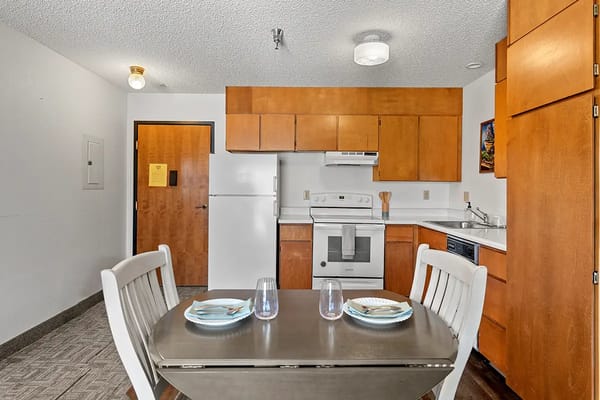 Modern kitchen area in a senior living apartment