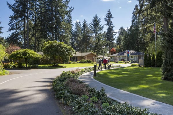 Residents walking on a path in a landscaped area