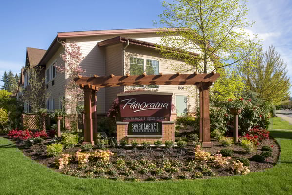 Exterior view of Panorama City entrance with garden
