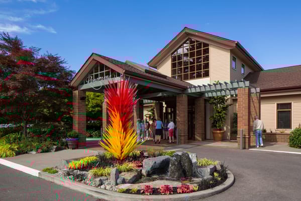 Entrance of a senior living facility with colorful decor