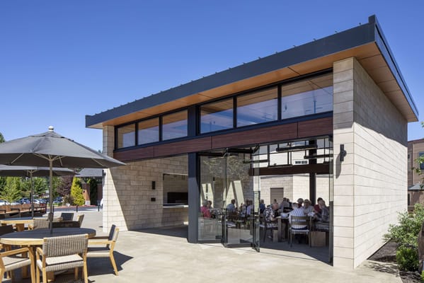 Exterior view of a dining area with residents