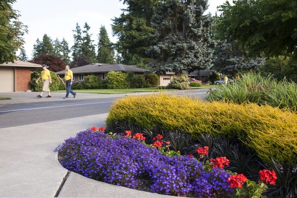 Residents walking in a landscaped outdoor area