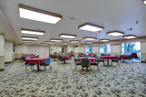 Dining area with tables and chairs in bright lighting