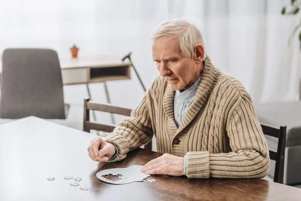 An elderly man working on a puzzle at a table