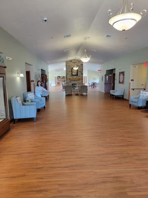 Interior lounge area with seating and a fireplace