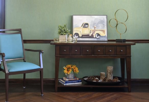 Interior decor in a common area with a wooden table