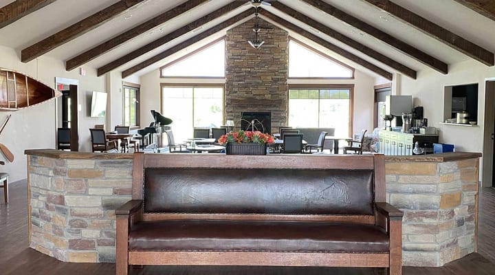 Interior common area with seating and fireplace
