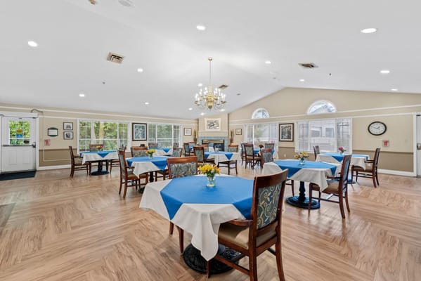Bright dining room with blue table settings