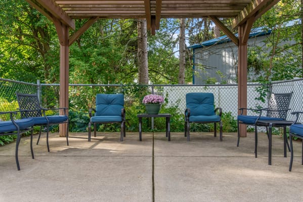 Outdoor seating area under a wooden pergola