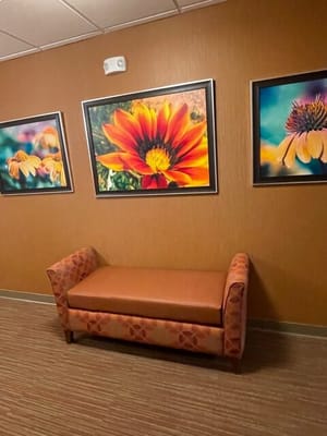 Cozy seating area with floral artwork on the walls