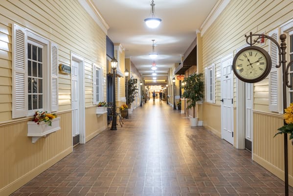 Bright and spacious hallway of a senior living facility