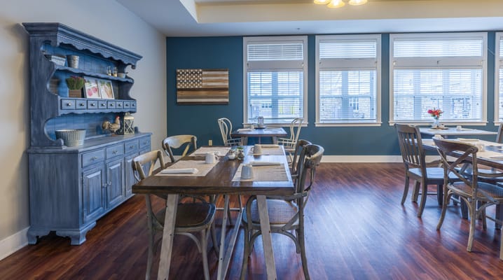 Bright dining area with tables and decorations
