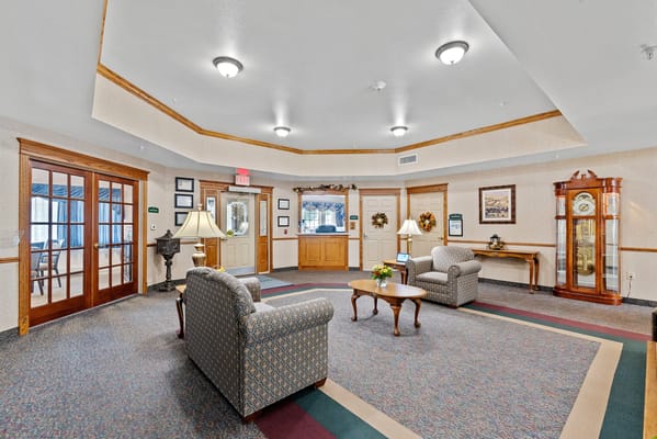 Interior view of a welcoming common area with seating