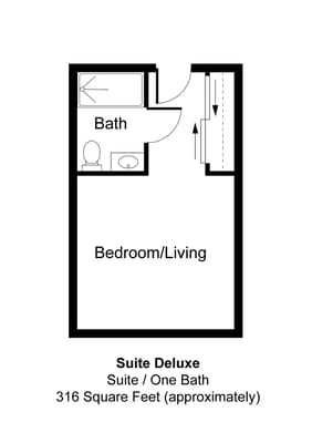 Floor plan of a deluxe suite with one bath