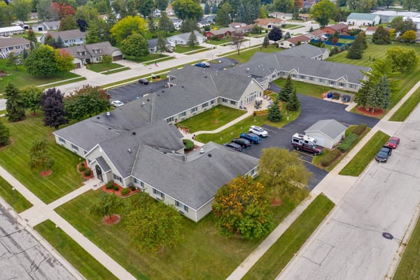 Aerial view of LakeHouse New Holstein facility with landscaped grounds