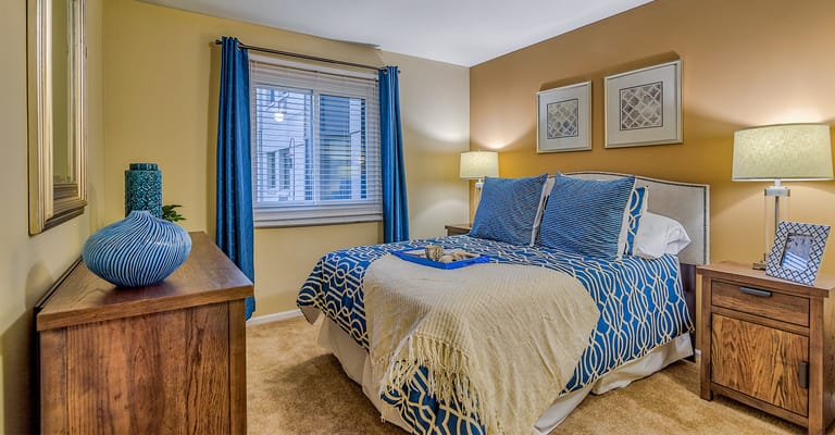 Well-furnished resident room with blue decor and natural light