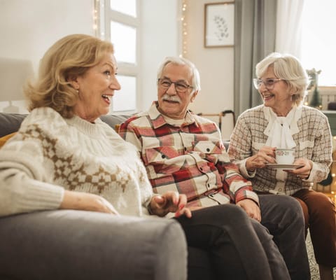 Three seniors enjoying a conversation in a cozy common area