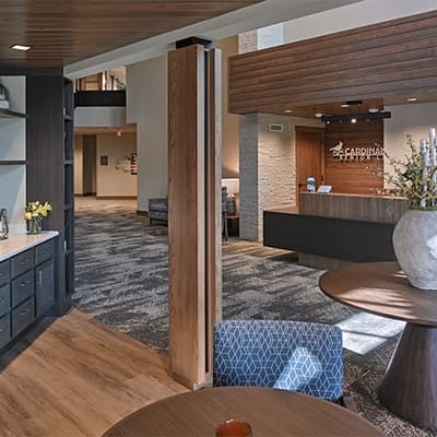 Interior view of a welcoming lobby and reception area