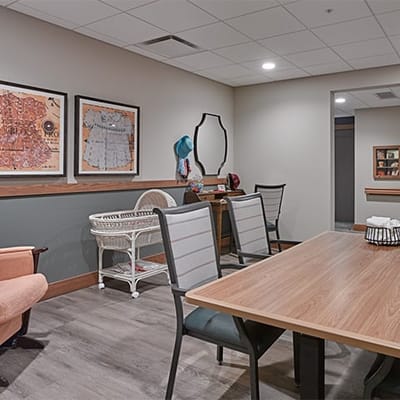 Bright interior common area with seating and decor