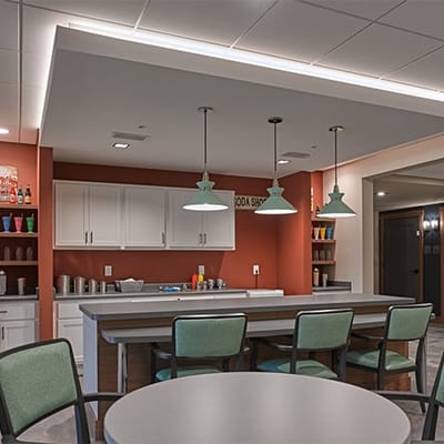 Common area with a soda shop and seating