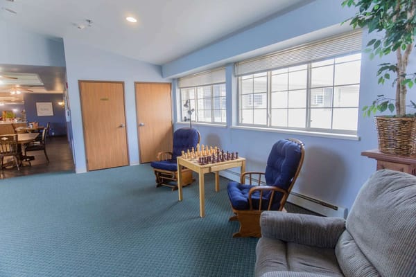 Common area with chess table and seating