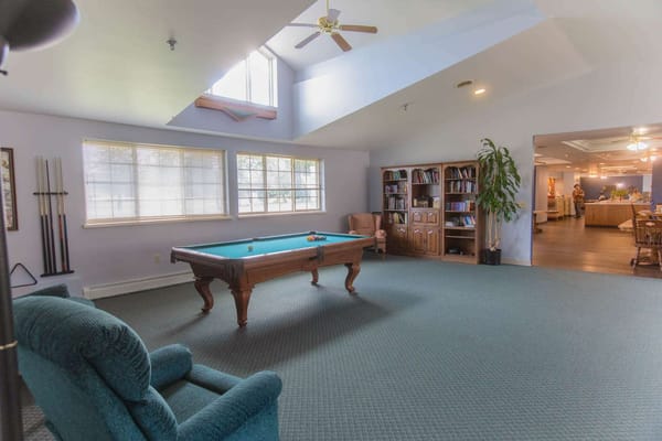 Interior lounge area with pool table and seating