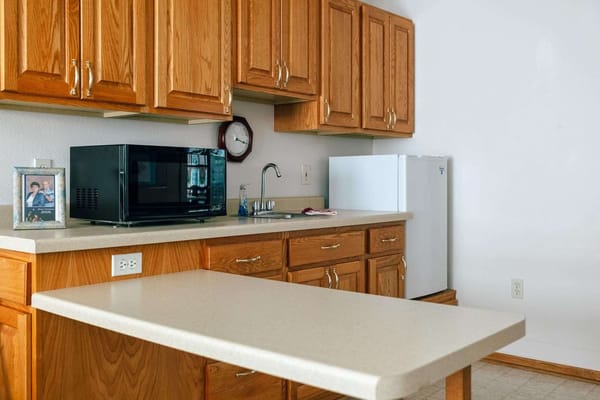Interior kitchen space with wooden cabinets and appliances