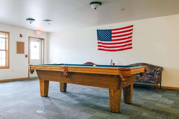 Interior of a recreation room with a pool table and an American flag