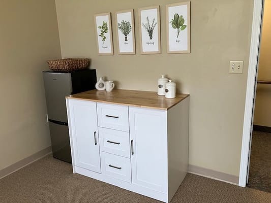 Bright interior space with decorative wall art and furniture