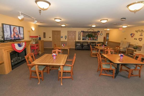 Interior view of a common area dining room with tables