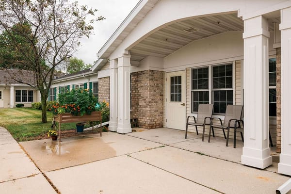 Exterior view of the entrance to a senior living facility