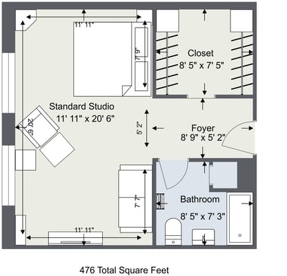 Architectural floor plan of a standard studio layout