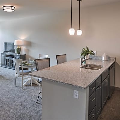 Bright and modern interior view of a senior living unit