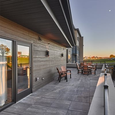 Outdoor patio space with seating and views