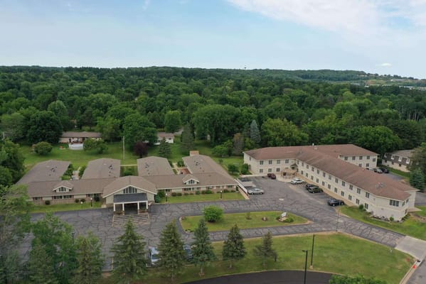 Aerial view of Mountain Terrace Senior Living facility surrounded by greenery